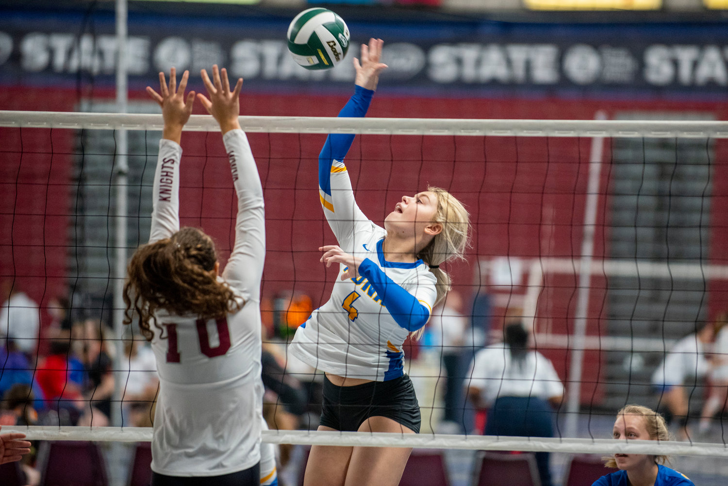 Adna’s Maddie Fay (4) spikes against Walla Walla Valley Academy during the first round of the 2B state volleyball tournament Thursday in Yakima.