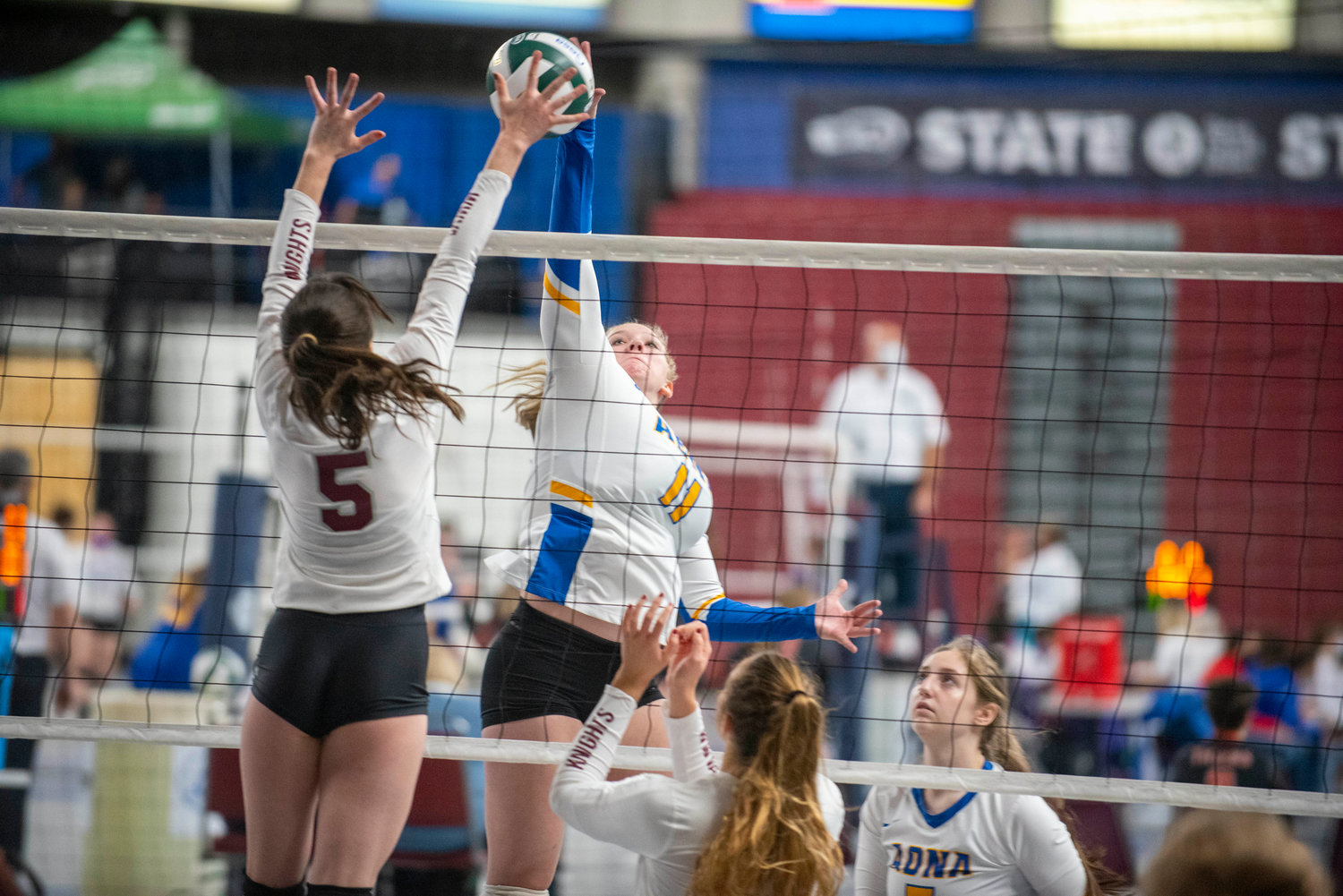 Adna’s Kendall Humphrey (11) battles at the net with Walla Walla Valley Academy in the first round of the 2B state volleyball tournament Thursday in Yakima.