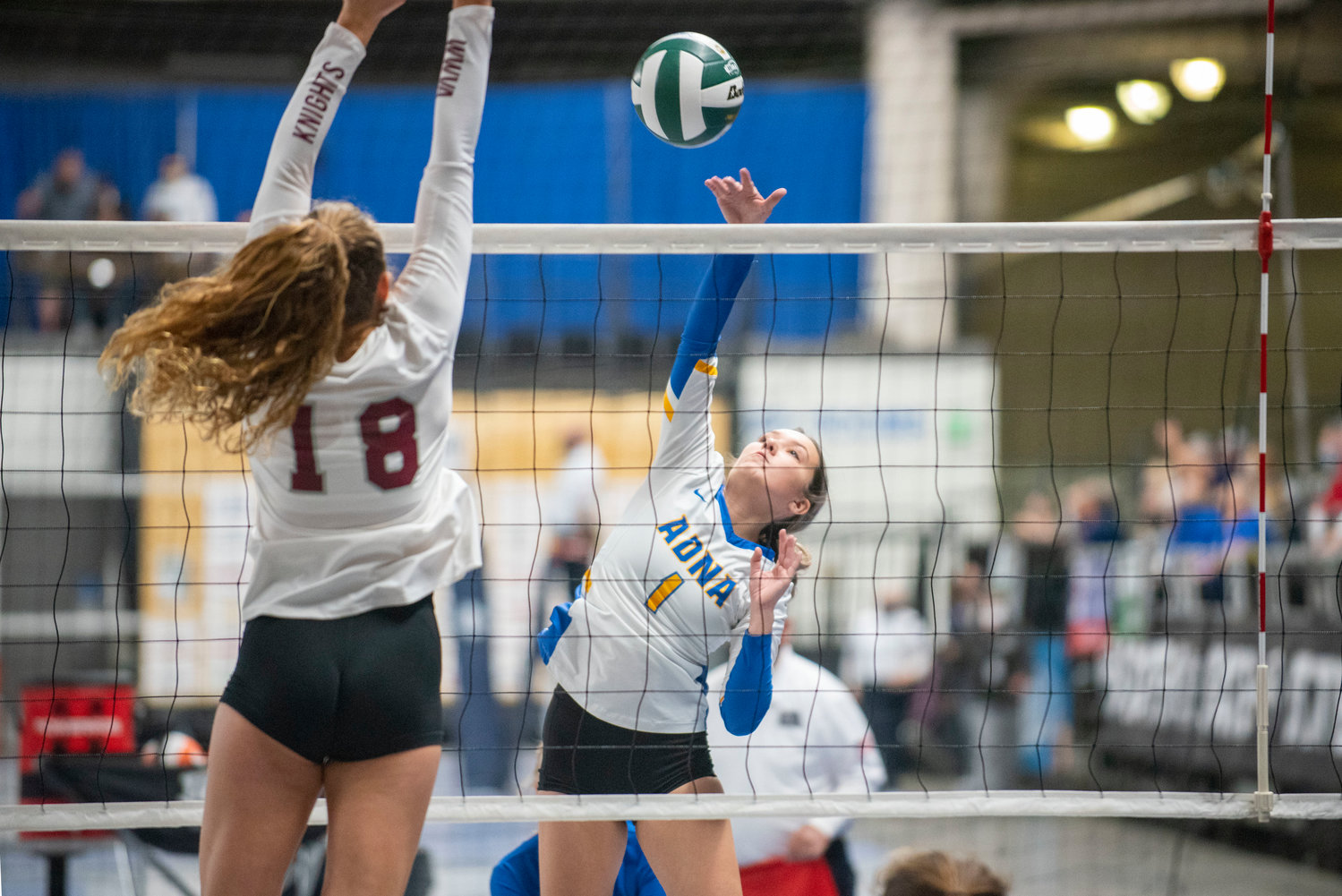 Adna’s Alyssa Davis (1) spikes against Walla Walla Valley Academy during the first round of the 2B state volleyball tournament Thursday in Yakima.
