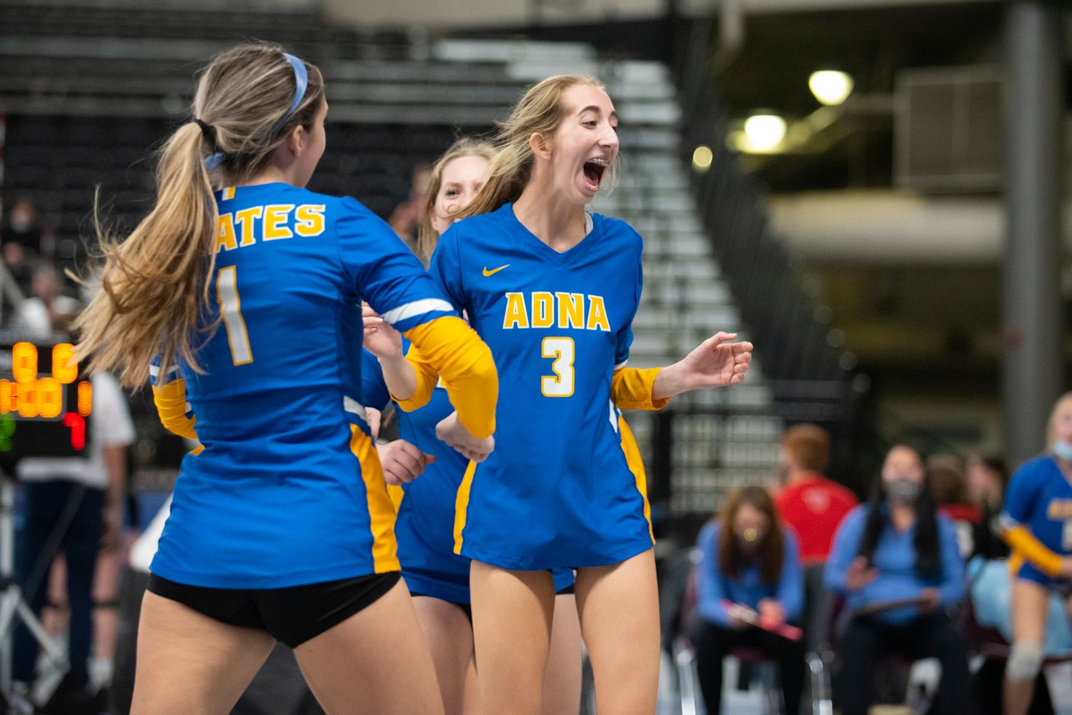 Adna’s Miriam Wilson (3) celebrates after the Pirates score against Warden at the state tournament Thursday in Yakima.