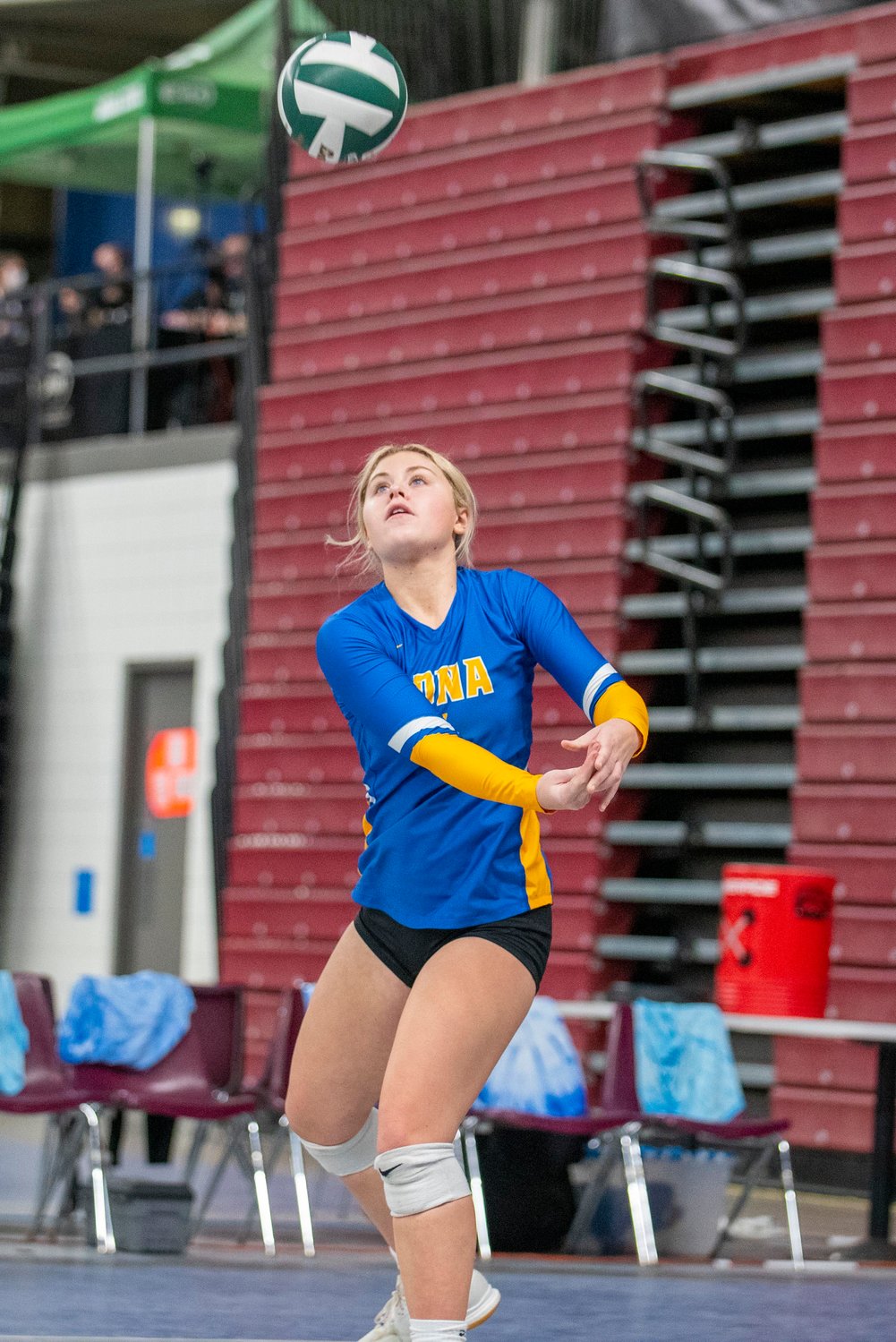 Adna’s Maddie Fay works in serve receive against Warden on Thursday in Yakima.