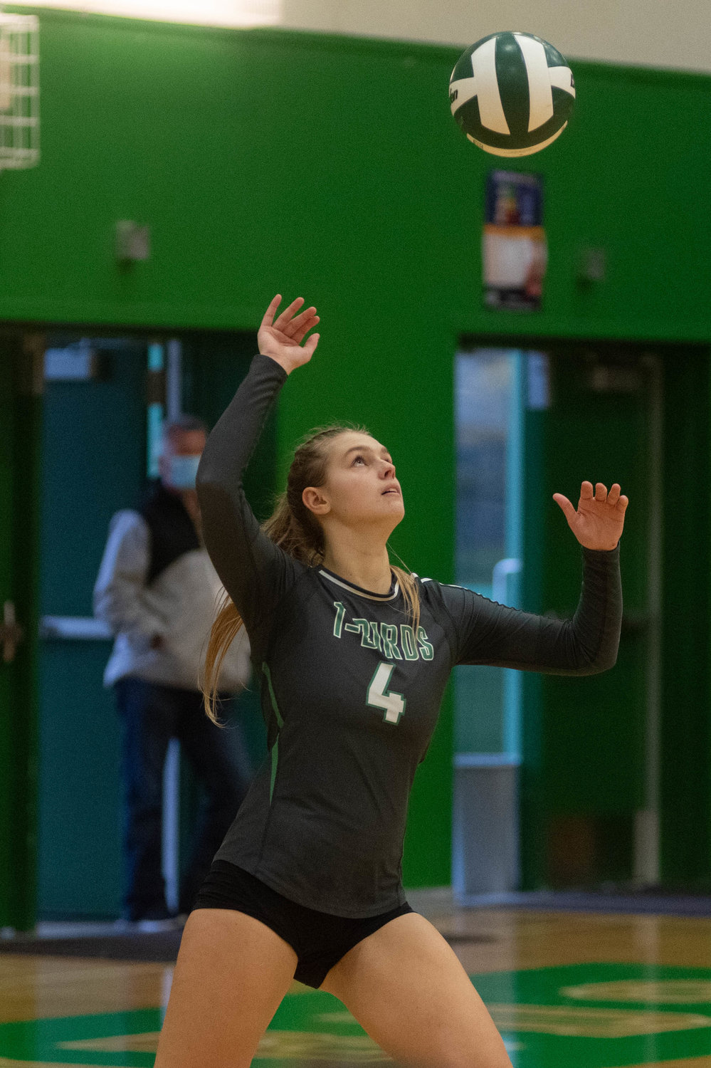 Tumwater senior Sydney Hanson serves against Mark Morris in the opening round of the 2A District 4 tournament Nov. 11.