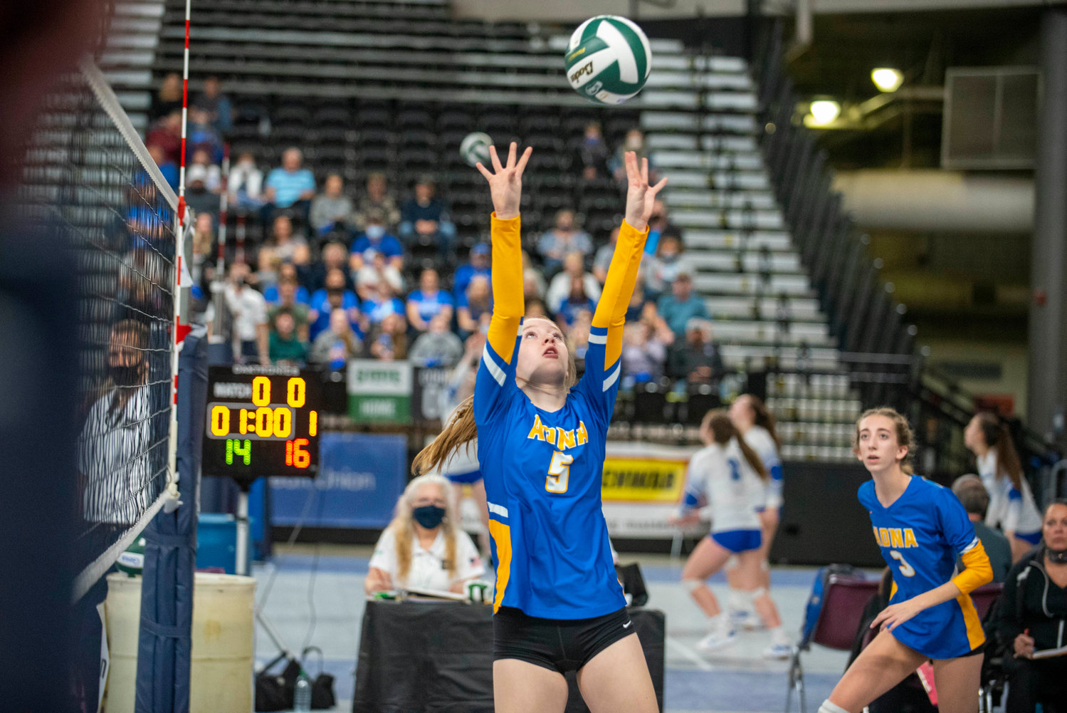 Adna’s Gaby Guard throws up a set against Lind-Ritzville/Sprague at the state tournament Friday in Yakima.
