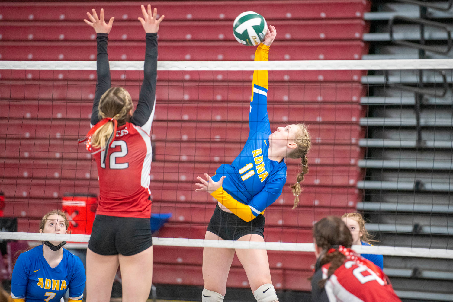 Adna’s Kendall Humphrey (11) spikes against Lind-Ritzville/Sprague at the state tournament Friday in Yakima.