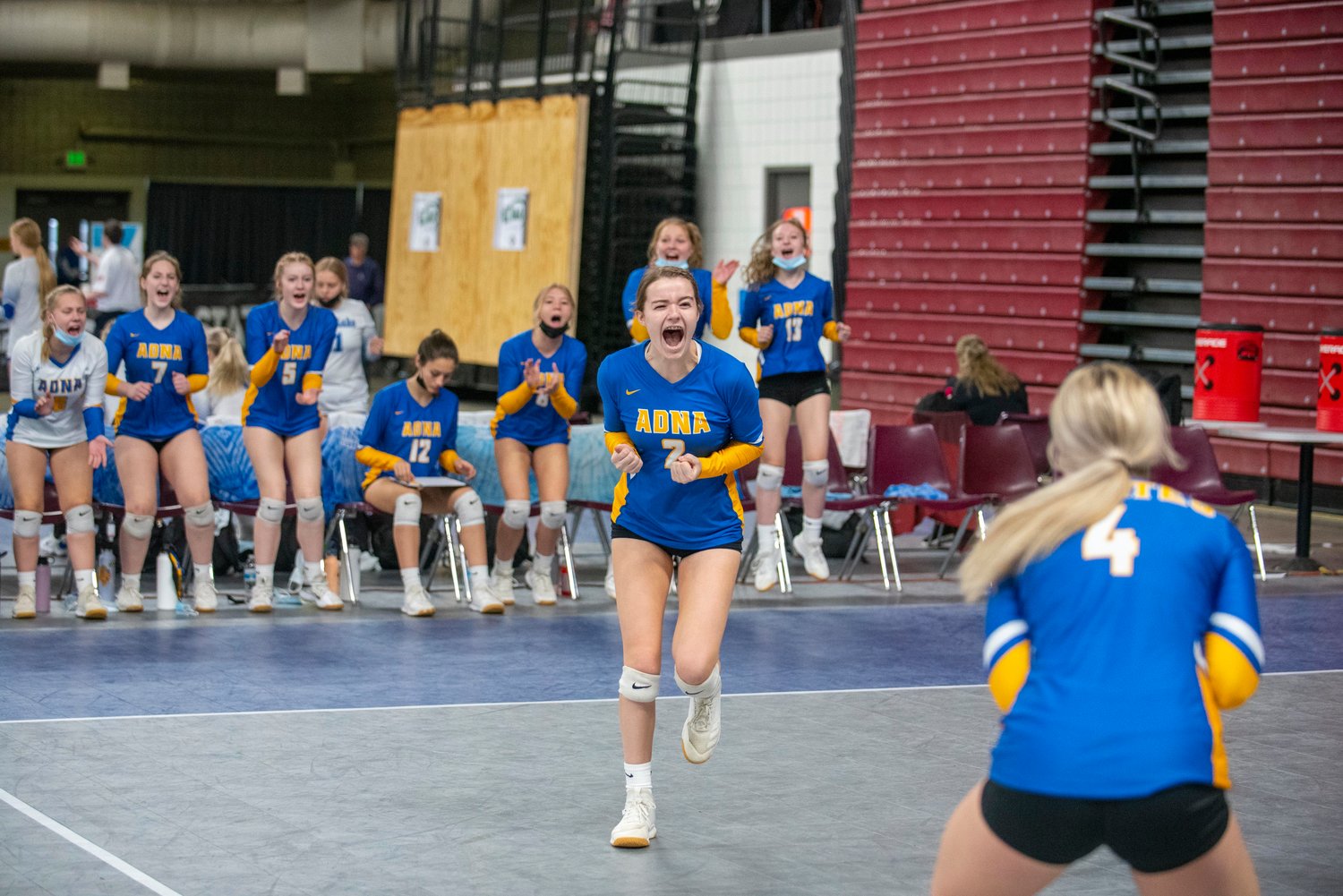 Adna’s Brooklyn Loose (2) yells in celebration after scoring against Lind-Ritzville/Sprague on Friday in Yakima.