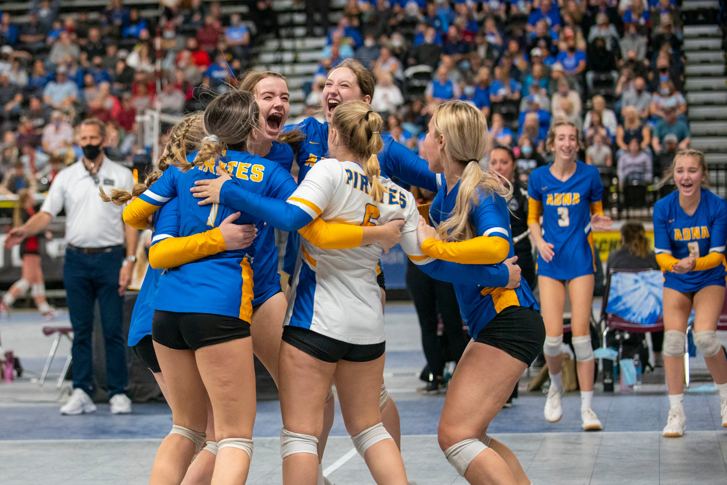 Adna celebrates after defeating Lind-Ritzville/Sprague to move on to the 7th/8th-place match on Friday in Yakima.