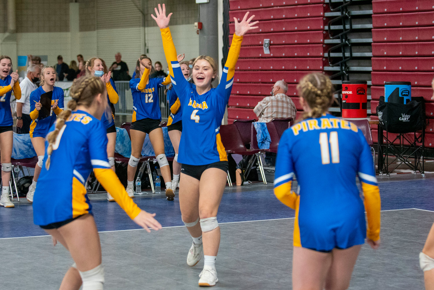 Adna’s Maddie Fay (4) celebrates after scoring against Liberty (Spangle) in the 2B 7th/8th-place match Friday in Yakima.