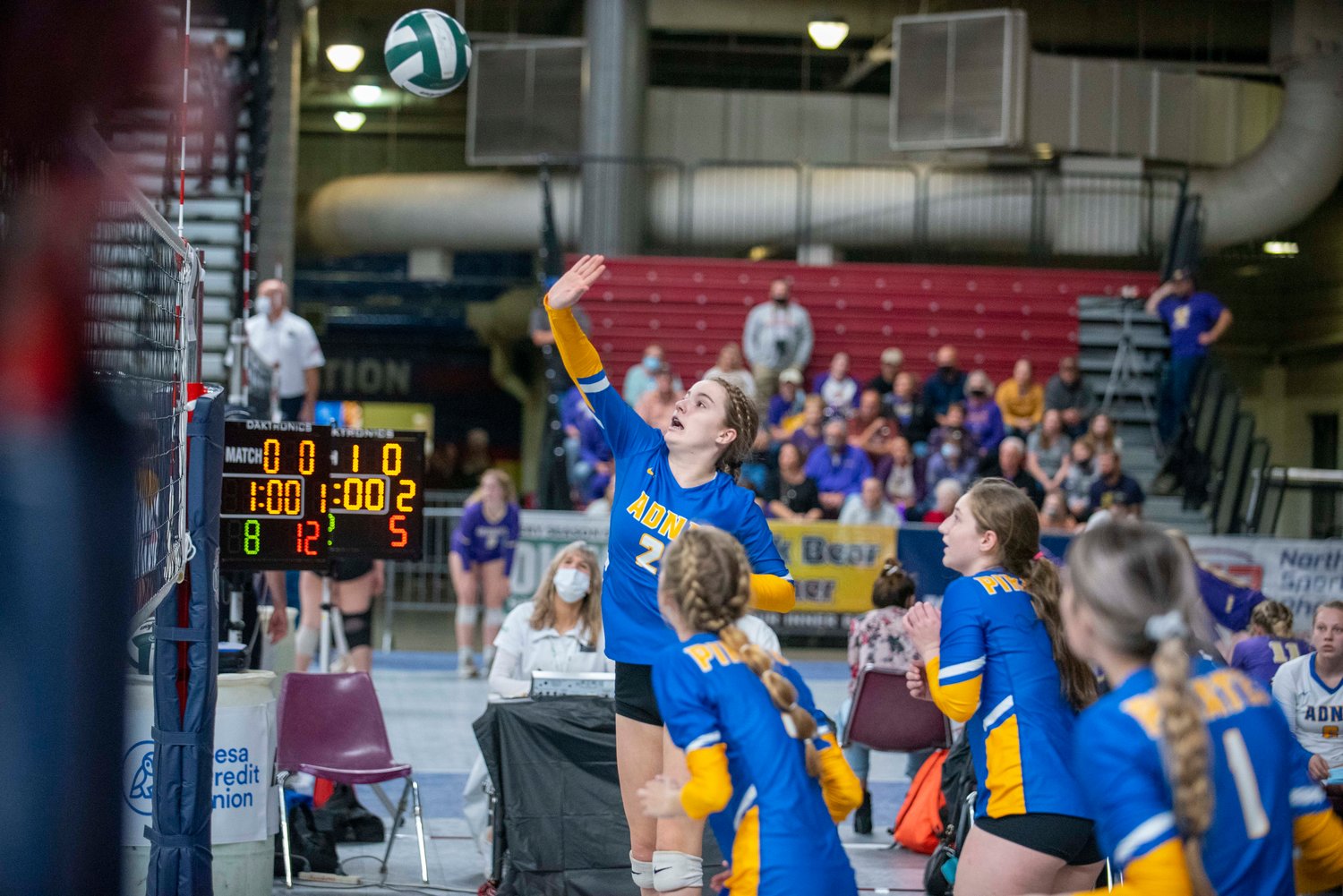 Adna’s Brooklyn Loose (2) tips the ball over the net against Liberty (Spangle) in the 2B 7th/8th-place match Friday in Yakima.