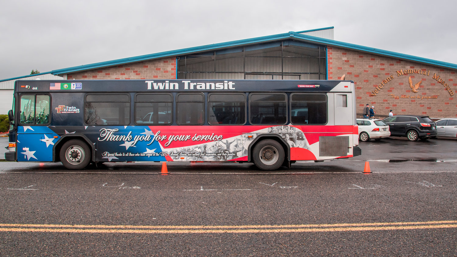 A Twin Transit bus parked outside of the Veterans Memorial Museum on Veterans Day reads, “Thank you for your service,” Thursday in Chehalis.