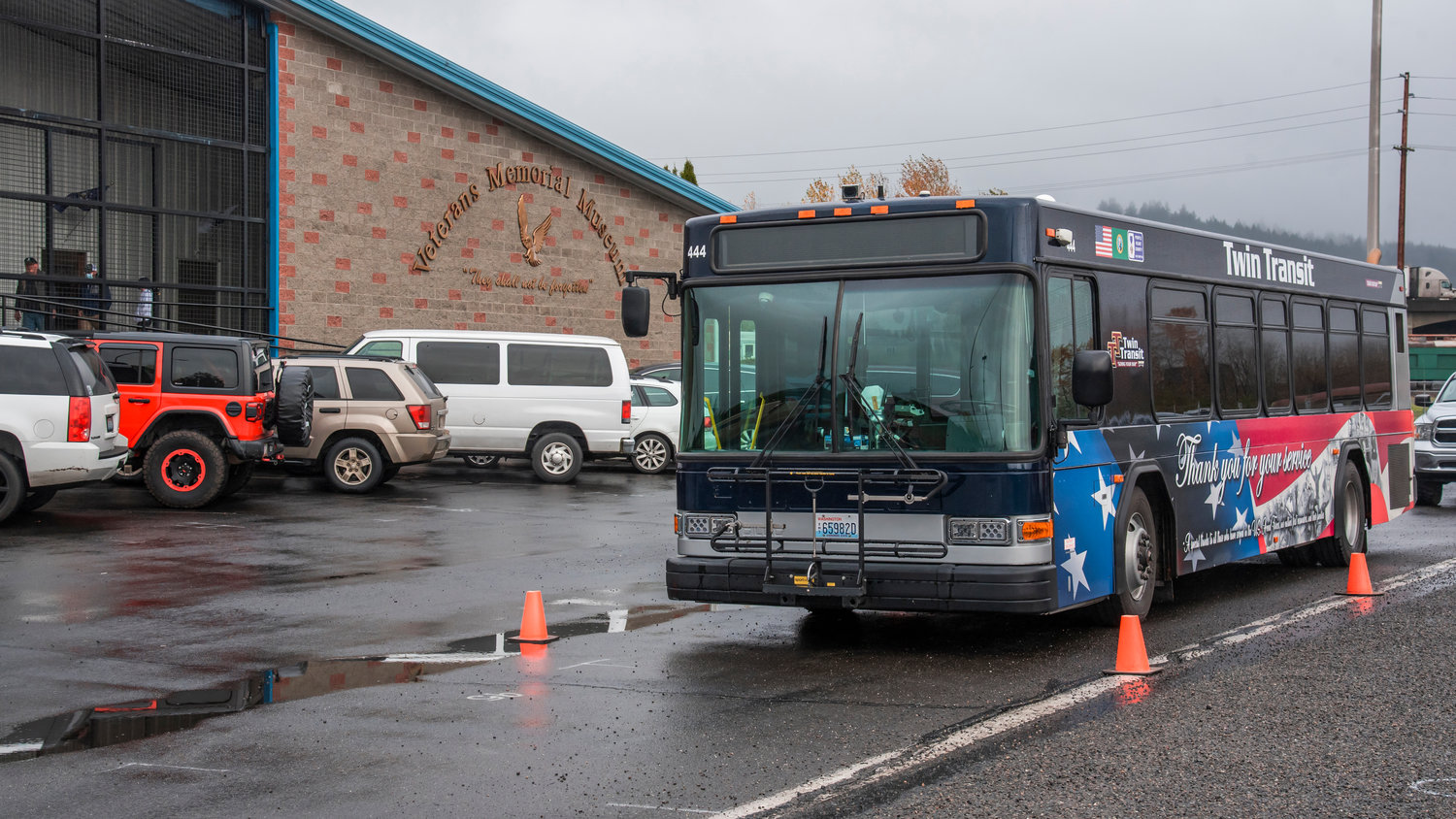 A Twin Transit bus parked outside of the Veterans Memorial Museum on Veterans Day reads, “Thank you for your service,” Thursday in Chehalis.