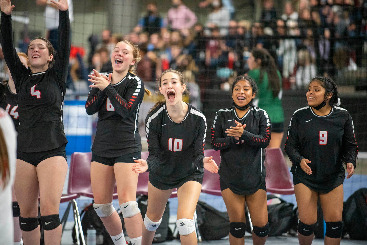 Mossyrock’s bench erupts in cheers during the 1B state title match Friday in Yakima.