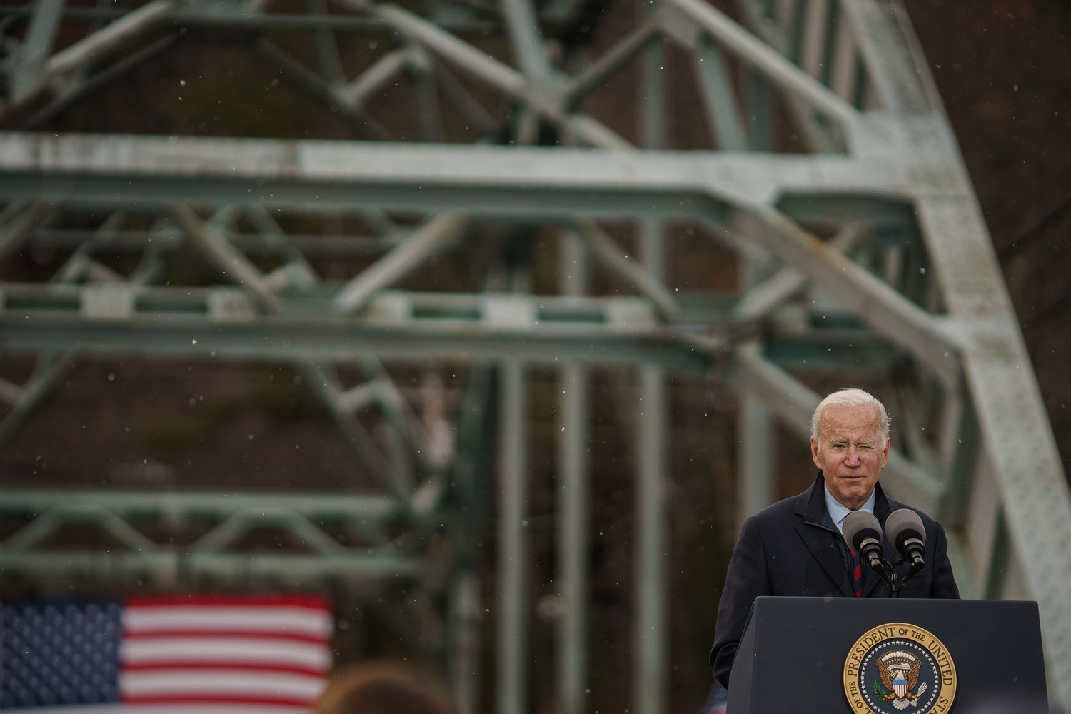 President Joe Biden delivers a speech on infrastructure while visiting the NH 175 bridge spanning the Pemigewasset River on Tuesday, Nov. 16, 2021, in Woodstock, New Hampshire. (John Tully/Getty Images/TNS)