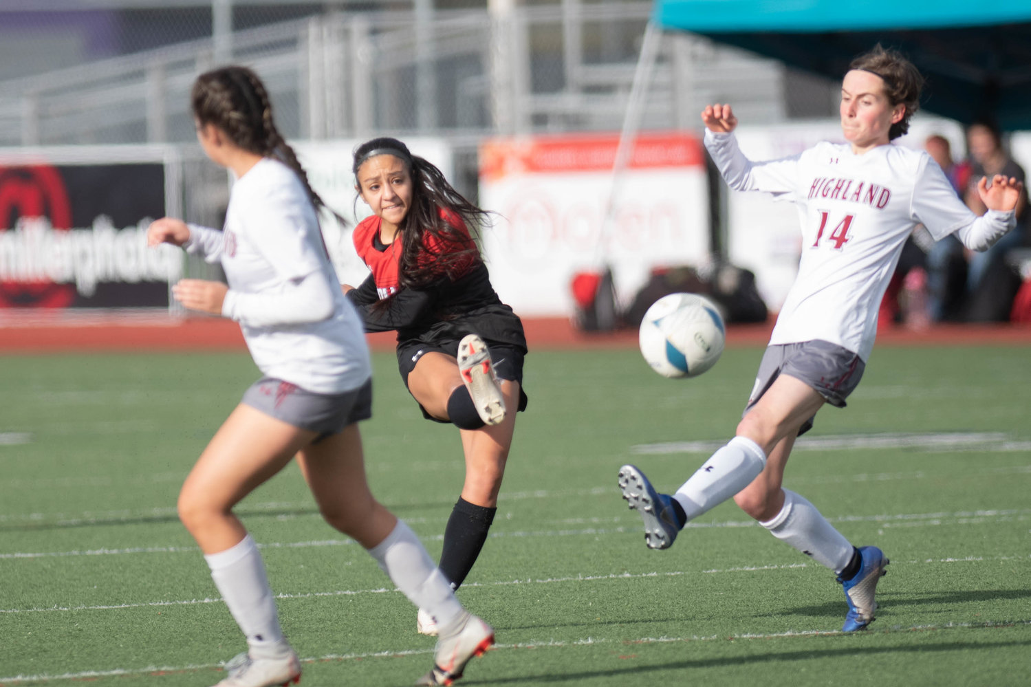 Briza Gallegos sends a shot toward goal in the 2B state third-place game against Highland Nov. 20.