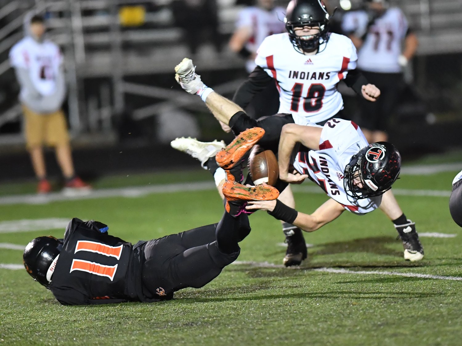 Toledo running back Geoffrey Glass (22) gets airborne while rushing against Kalama in the 2B state quarterfinals Nov. 20.