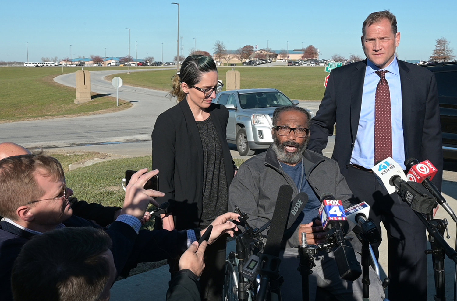 “They knew from day one that I didn’t commit this crime,” Kevin Strickland said of police and prosecutors as his lawyers Tricia Rojo Bushnell, left, an attorney with the Midwest Innocence Project and attorney Robert Hoffman, right, of Bryan Cave Leighton Paisner, transported Strickland to meet the media after he was freed from prison Tuesday, Nov. 23, 2021, in Cameron, Missouri. Strickland spent 43 years in prison for a wrongful incarceration until a judge vacated his conviction for a 1978 triple murder. (Tammy Ljungblad/Kansas City Star/TNS)
