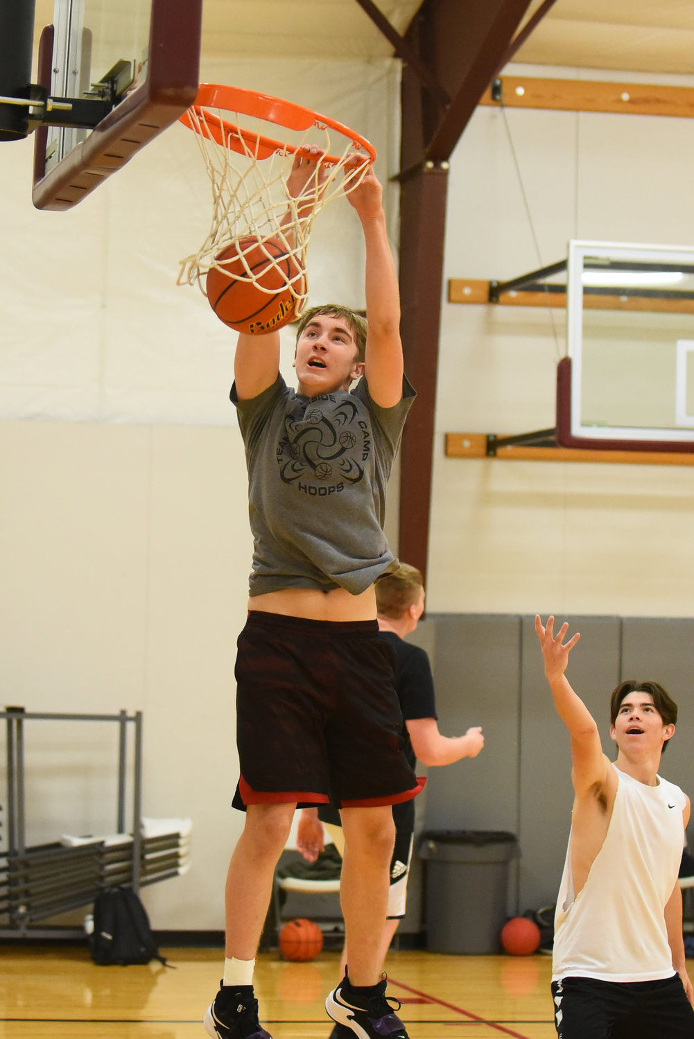 W.F. West's Joseph Matthews throws down a two-handed dunk during practice Nov. 18.