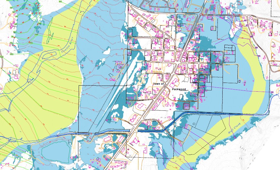 The yellow area highlights the proposed floodway, the light blue highlights the proposed 100-year floodplain and the dark blue highlights the proposed 500-year floodplain.