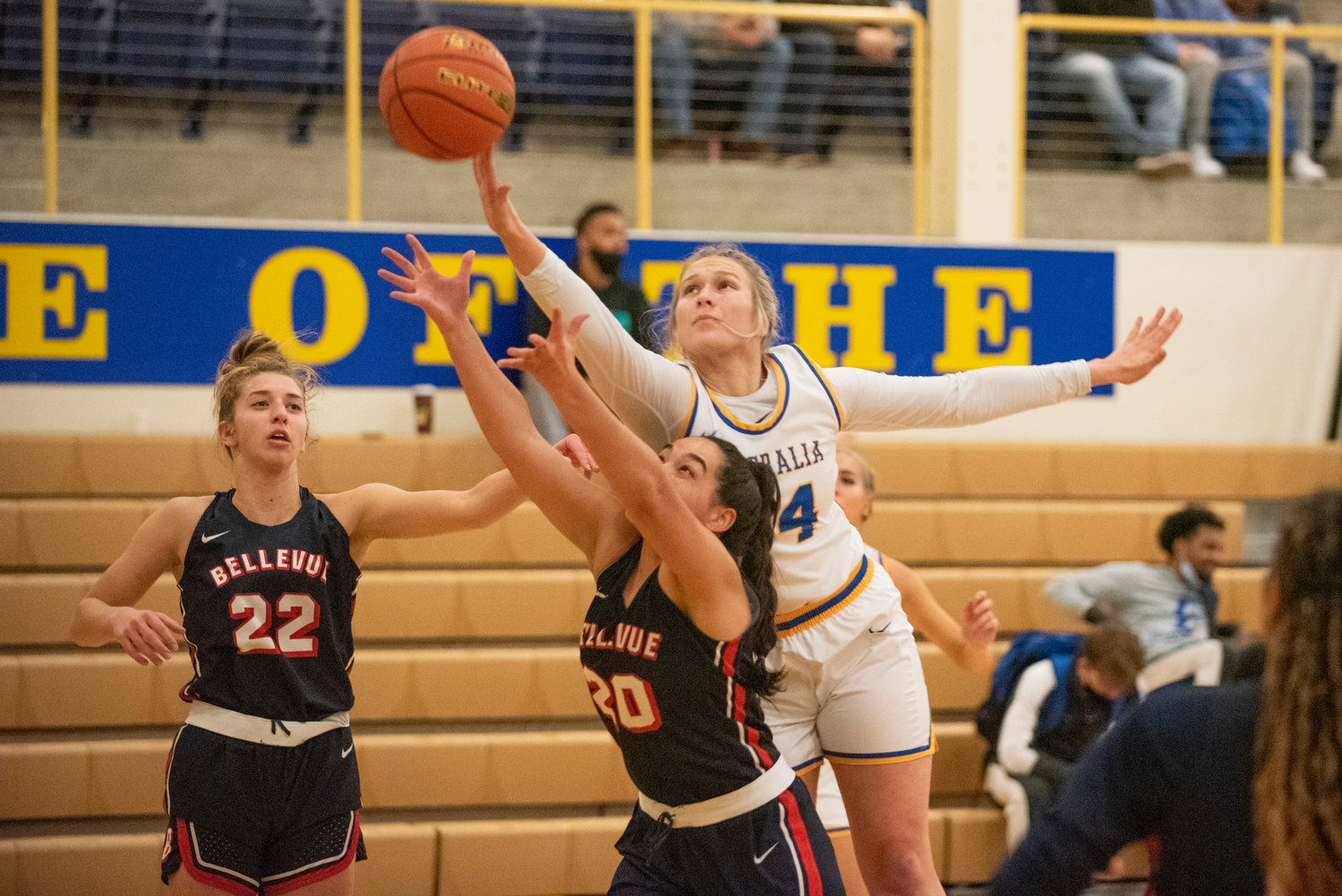Centralia College's Paige Winter (24) goes for an offensive rebound against Bellevue on Dec. 1.