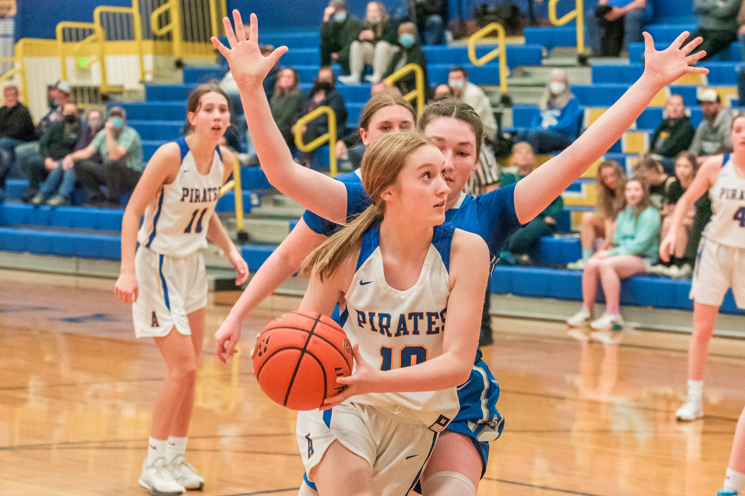 Adna’s Gaby Guard (10) drives towards the hoop during a game against La Center Wednesday night.