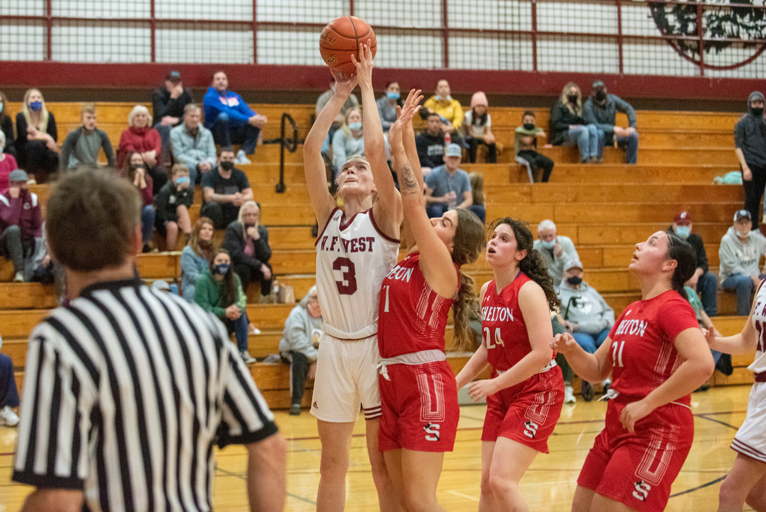 W.F. West's Lexie Roberts (3) goes up for two points against Shelton on Dec. 7.