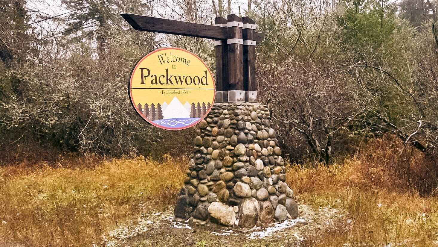 A sign reads,“Welcome to Packwood” along Highway 12.
