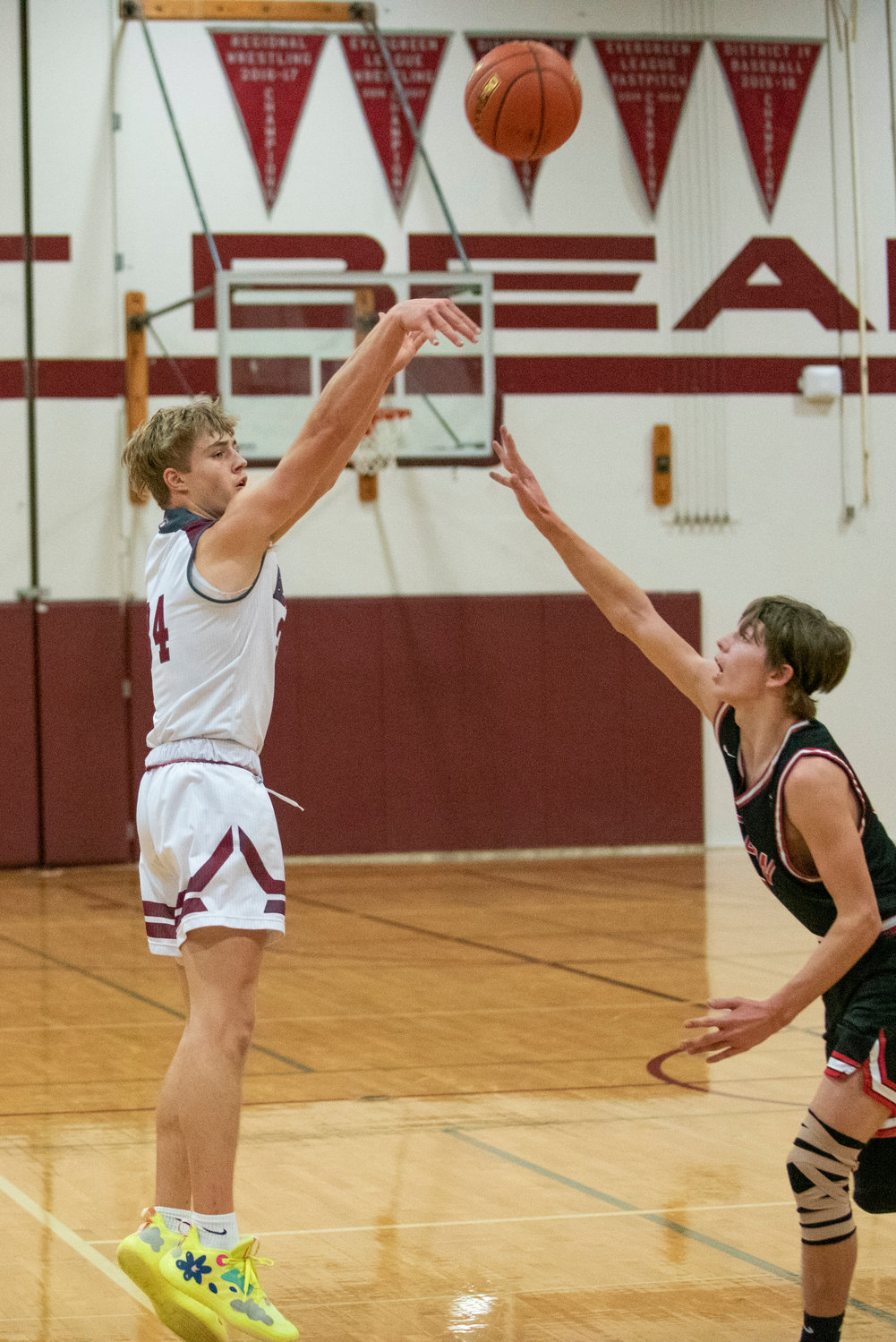 W.F. West freshman Gage Brumfield, left, pulls up on a Shelton player during a home game Dec. 8.