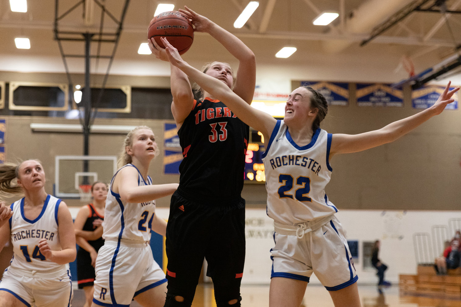Centralia sophomore post Emily Wilkerson is fouled attempting a layup against Rochester Dec. 9.