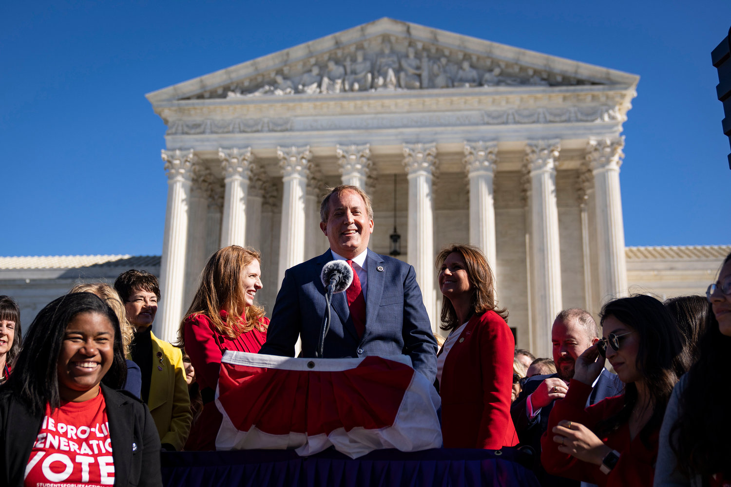 Texas Attorney General Ken Paxton speaks outside the U.S. Supreme Court on Nov. 1, 2021, in Washington, D.C. On Monday, the Supreme Court heard arguments in a challenge to the controversial Texas abortion law, which bans abortions after six weeks. (Drew Angerer/Getty Images/TNS)