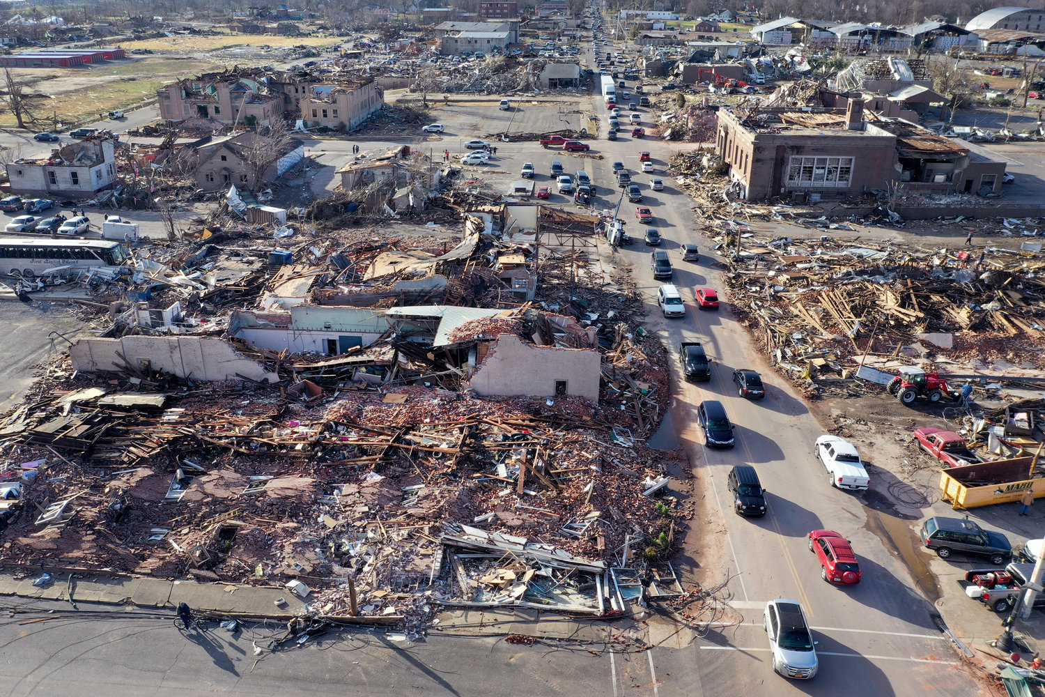 In an aerial view, homes and businesses are destroyed after a tornado ripped through town the previous evening on Saturday, Dec. 11, 2021, in Mayfield, Kentucky. (Scott Olson/Getty Images/TNS)
