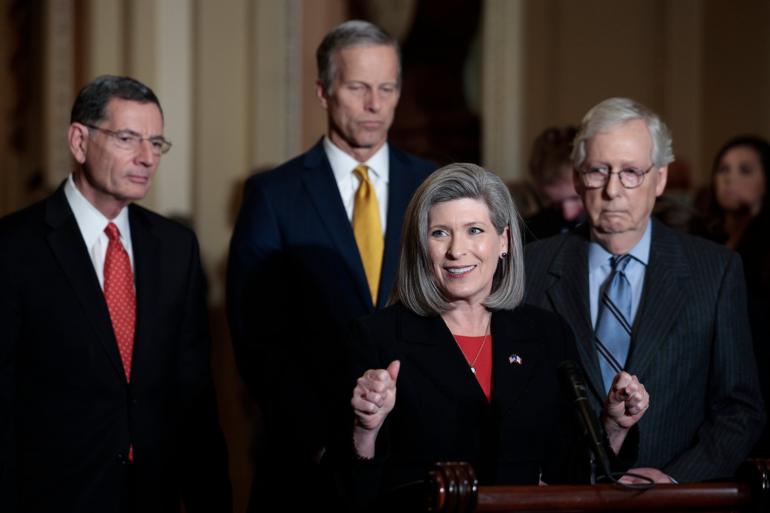 Sen. Joni Ernst (R-IA) speaks at a news conference after a weekly Republican policy luncheon at the U.S. Capitol on Dec. 7, 2021, in Washington, DC. (Anna Moneymaker/Getty Images/TNS)