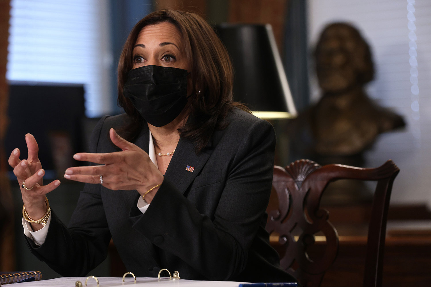 U.S. Vice President Kamala Harris speaks during a roundtable at the Ceremonial Office of the Vice President at Eisenhower Executive Office Building April 22, 2021, in Washington, DC. (Alex Wong/Getty Images/TNS)