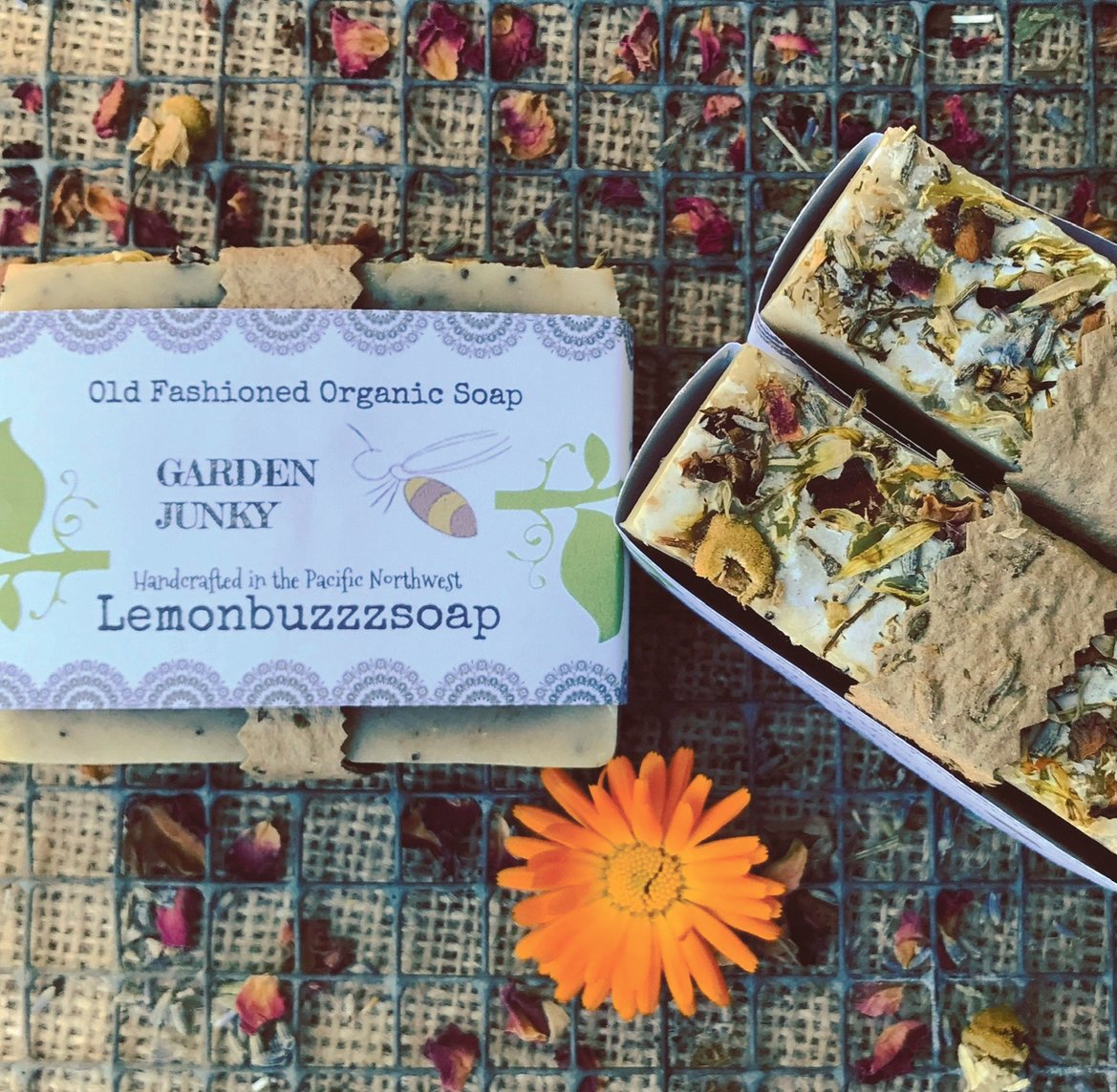 Bars of soap made with flowers, herbs and ingredients from their Centralia farm and wrapped in homemade seed paper containing seeds for plants that benefit pollinators are just one of the local, sustainable products available from Lemonbuzzzsoap.