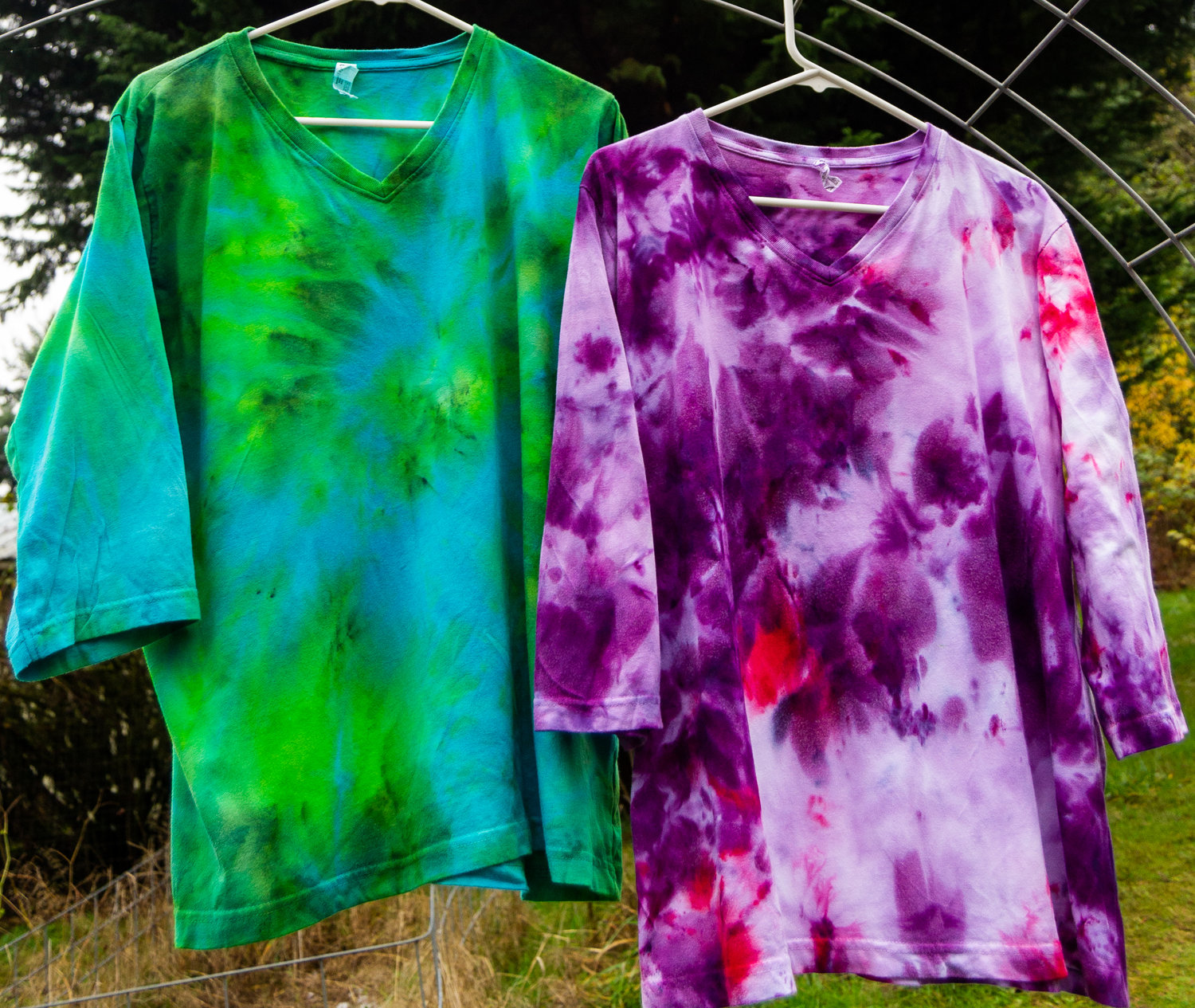Washington rain dyed shirts by Miles of Dye Creations in Chehalis. The designs on these unique offerings are created by leaving the shirt in the rain. Each one comes with a certificate of authenticity with the date of the rain storm.