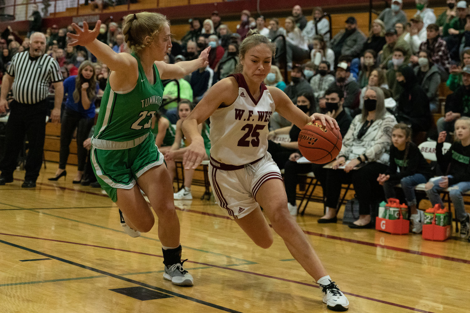 W.F. West point guard Kyla McCallum drives the baseline against Tumwater Dec. 17.