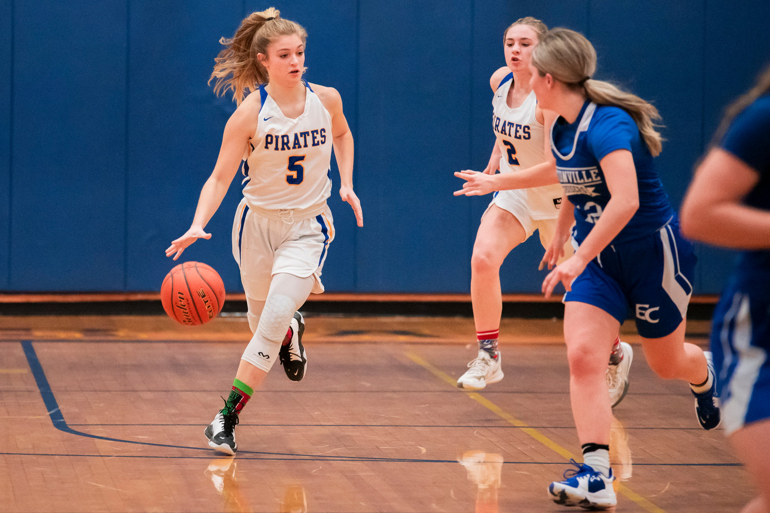Adna’s Kaylin Todd (5) dribbles the ball down the court during a game against Eatonville Friday night.