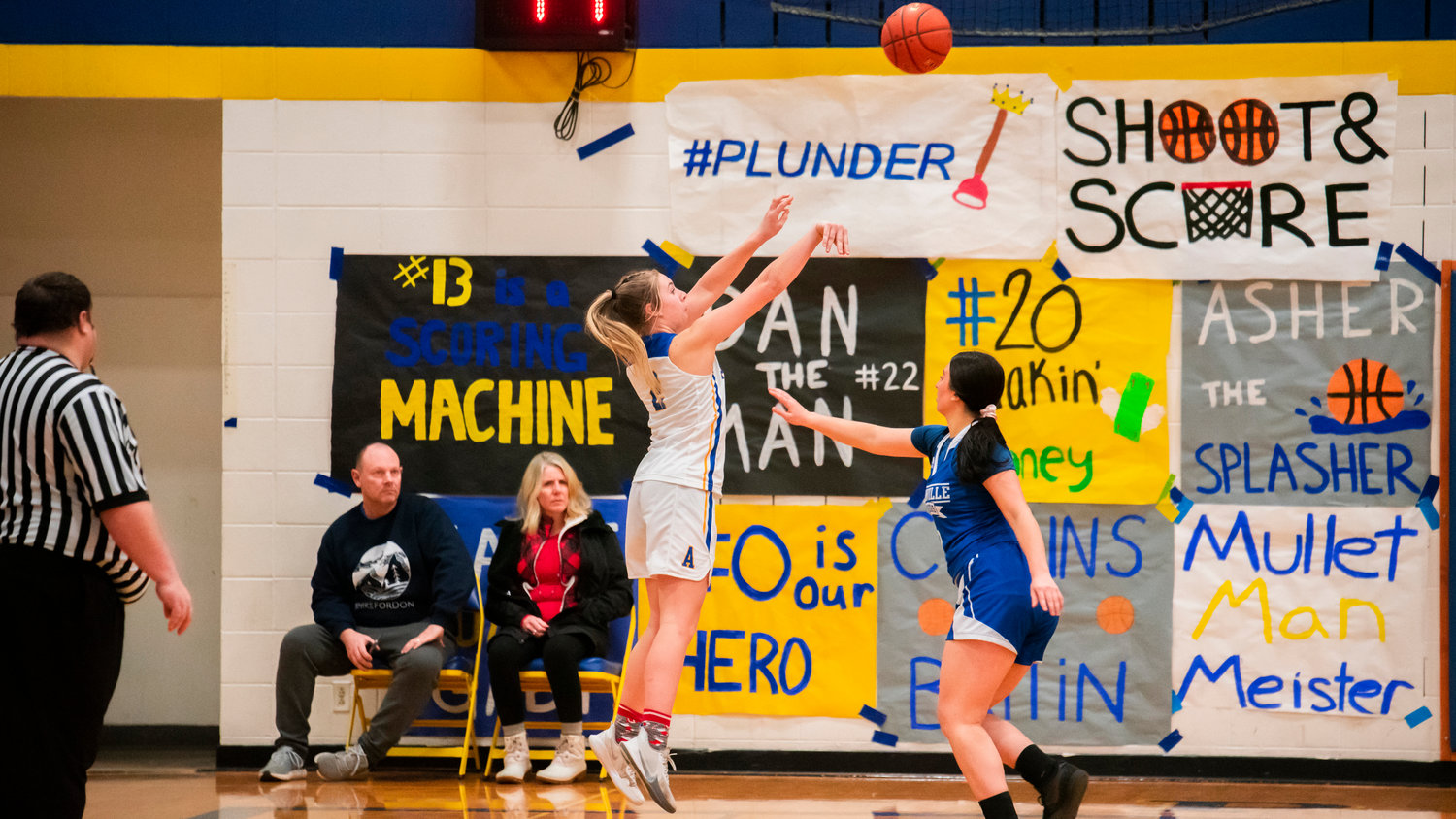 Adna’s Summer White (2) puts up a three-point shot over an Eatonville defender during a game Friday night.