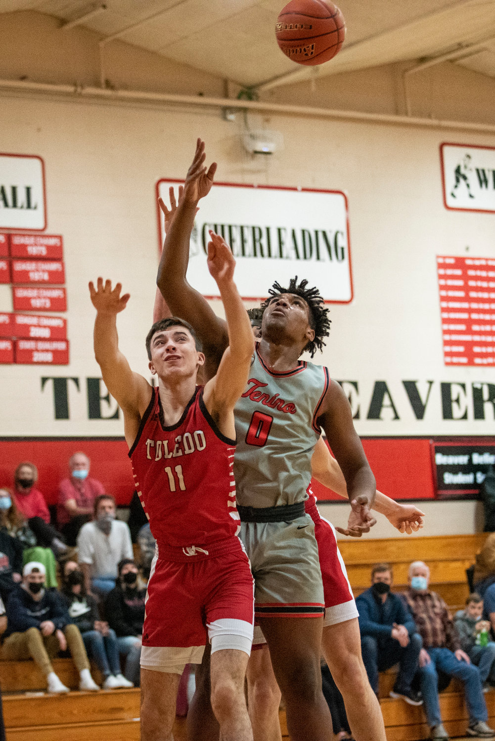 Teledo's Carson Gould (11) and Tenino's Takari Hickle (0) watch a tipped ball go flying on Dec. 22.