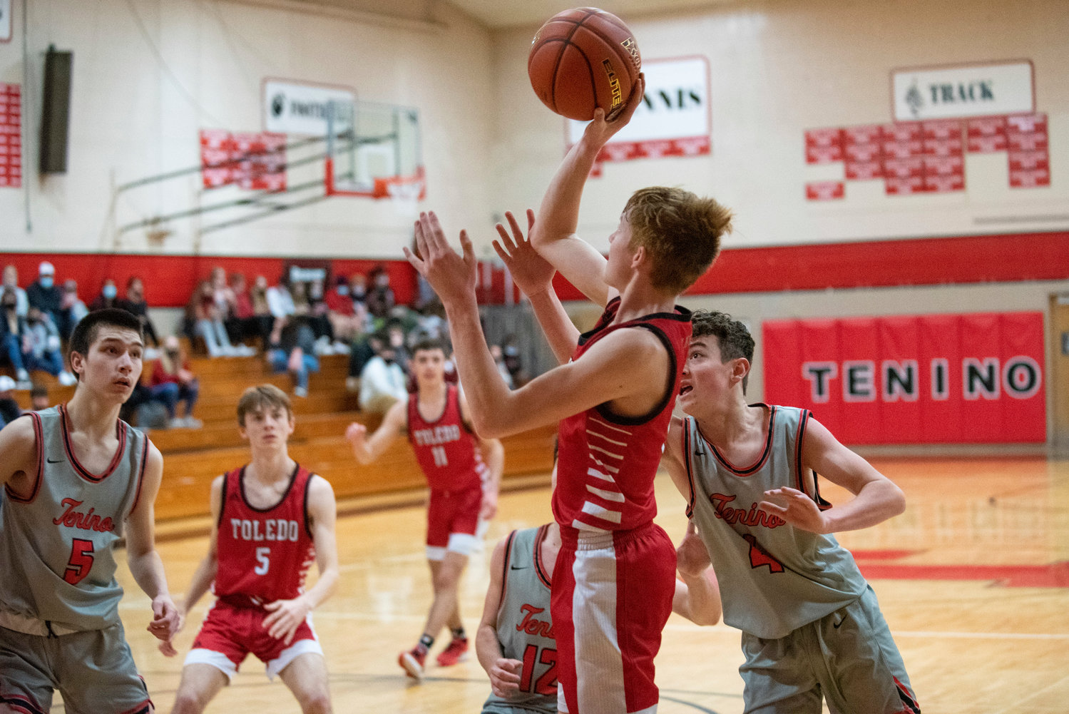 Toledo's Jake Cournyer (1) shoots a floater against Tenino on Dec. 22.