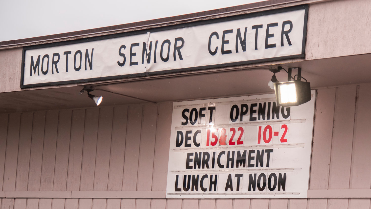 Signage for the Morton Senior Center soft opening is displayed Wednesday afternoon while hosting a lunch.