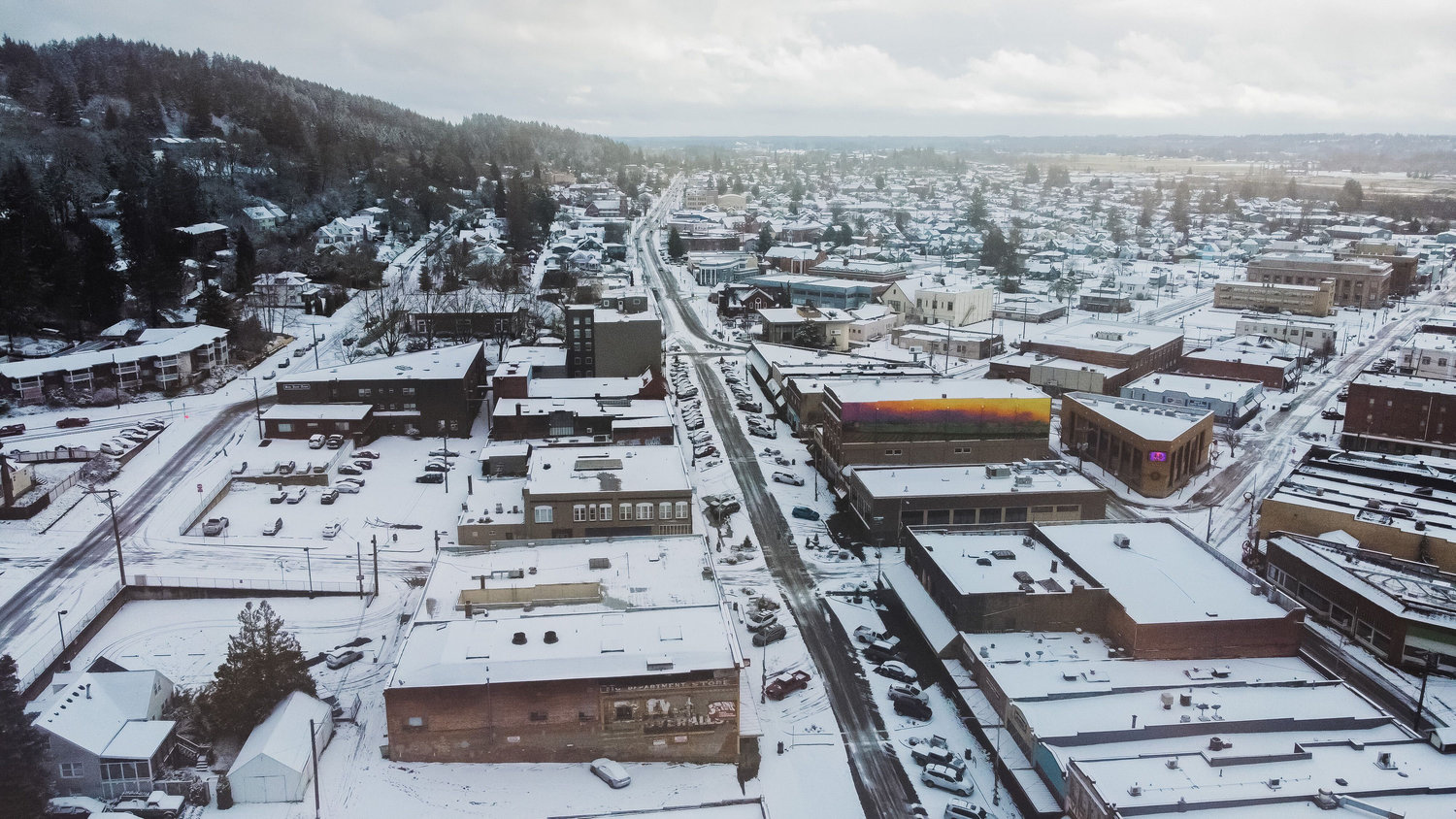 Chehalis is seen from above as snow continues to fall Sunday morning.