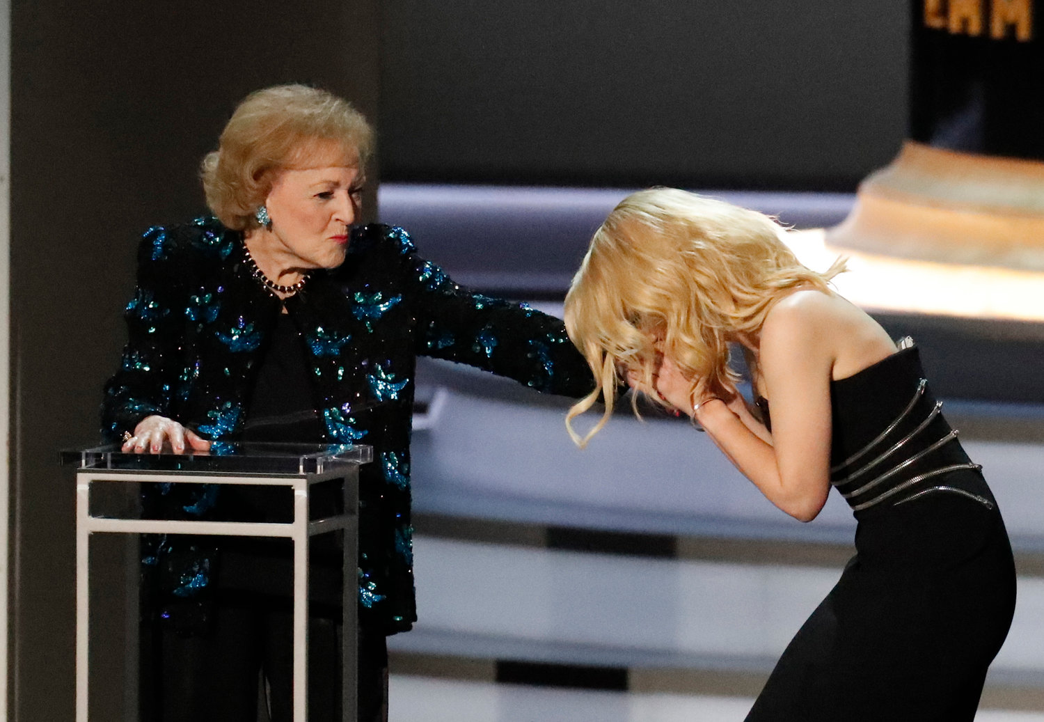 Betty White onstage with presenter Kate McKinnon during the 70th Primetime Emmy Awards at the Microsoft Theater in Los Angeles on Monday, Sept. 17, 2018. (Brian van der Brug/Los Angeles Times/TNS)