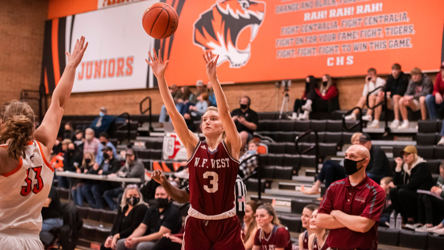W.F. West’s Lexi Roberts (3) shoots from deep during a game against the Tigers on Ron Brown Court in Centralia Tuesday night.