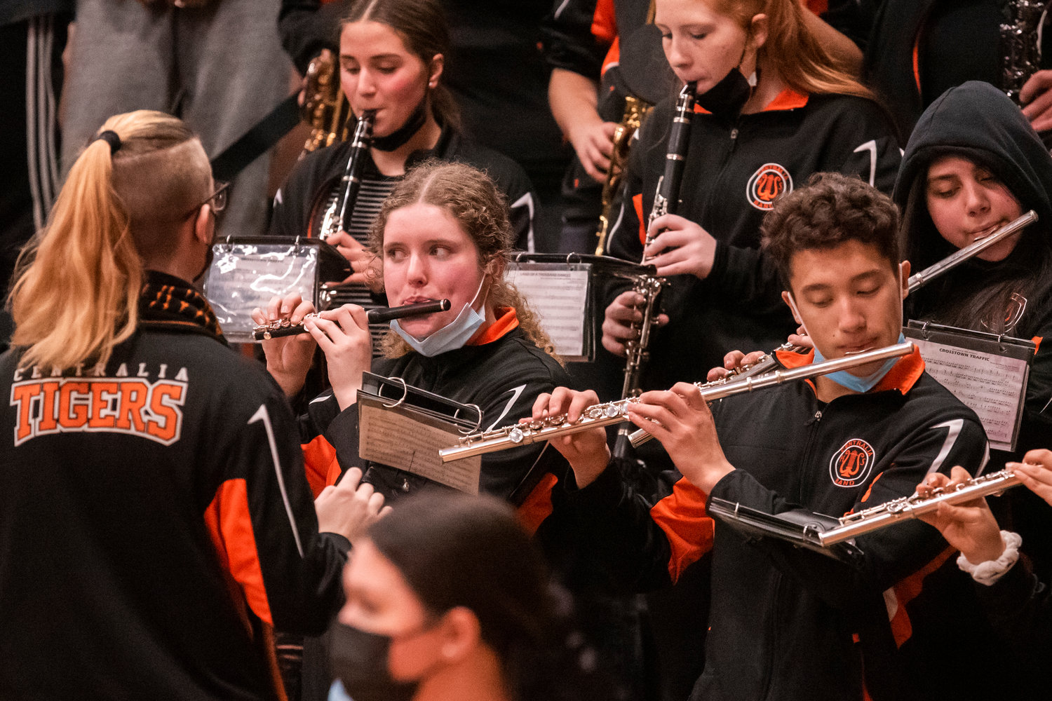 Centralia High School band members play instruments during a girls basketball game at home Tuesday night.