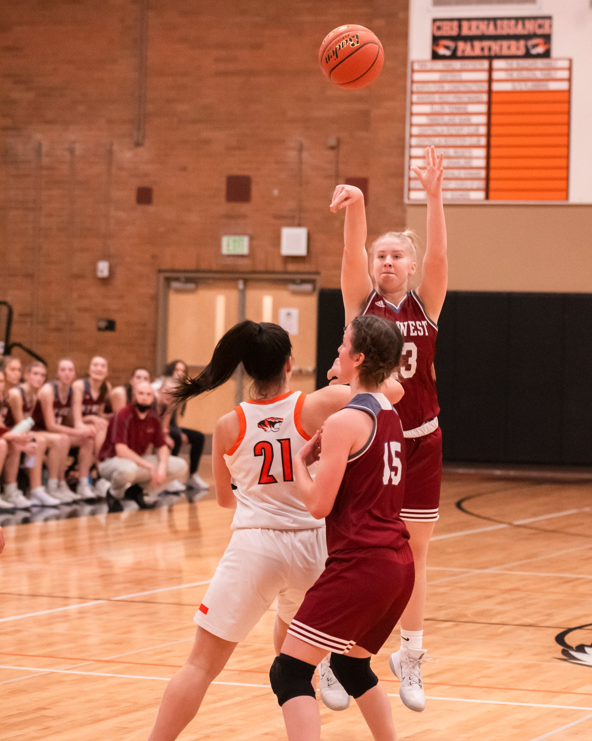 W.F. West’s Carlie Deskins (23) puts up a shot Tuesday night during a Swamp Cup rivalry game in Centralia.
