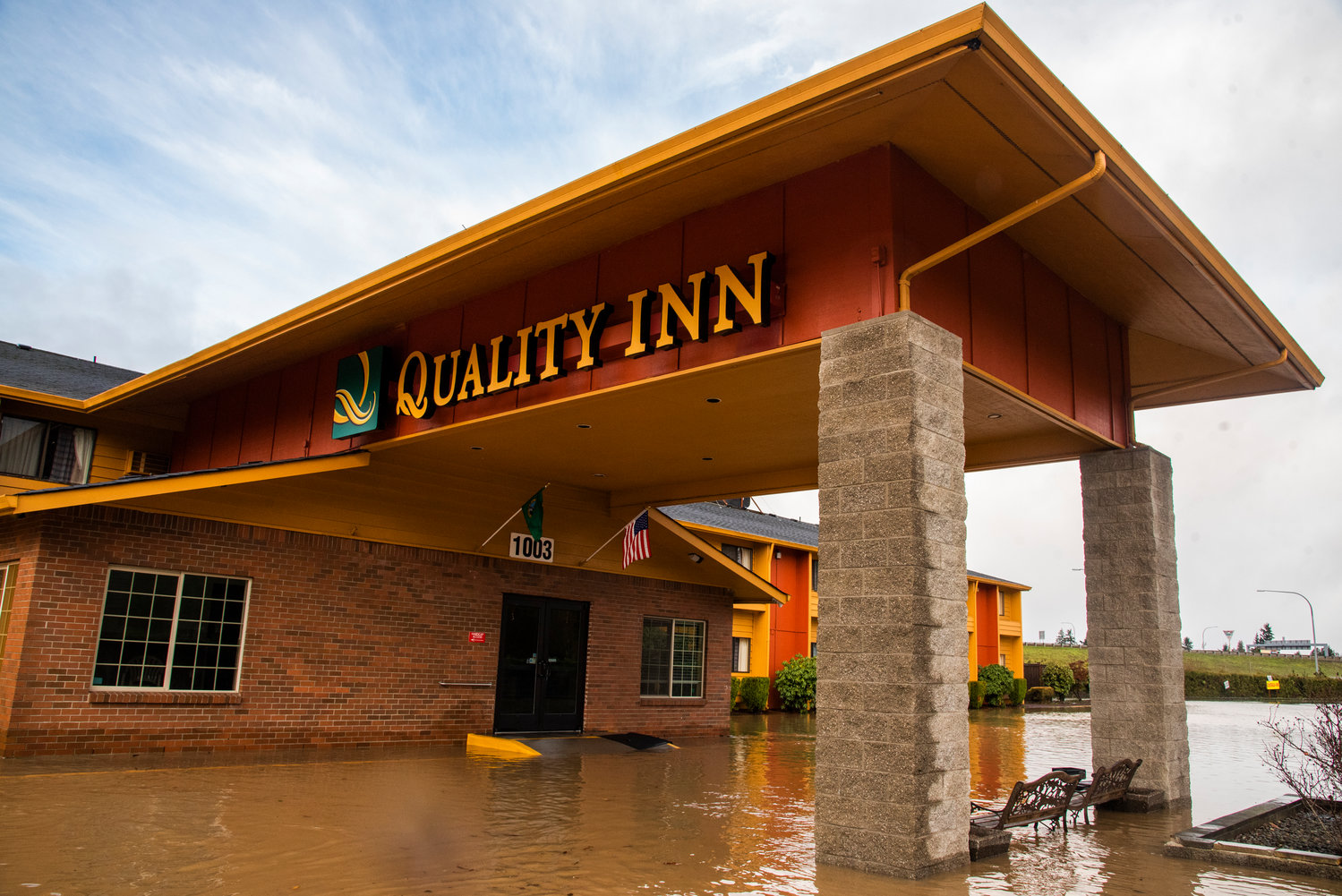 Floodwaters fill the parking lot of Quality Inn located along 1003 Eckerson Road in Centralia.