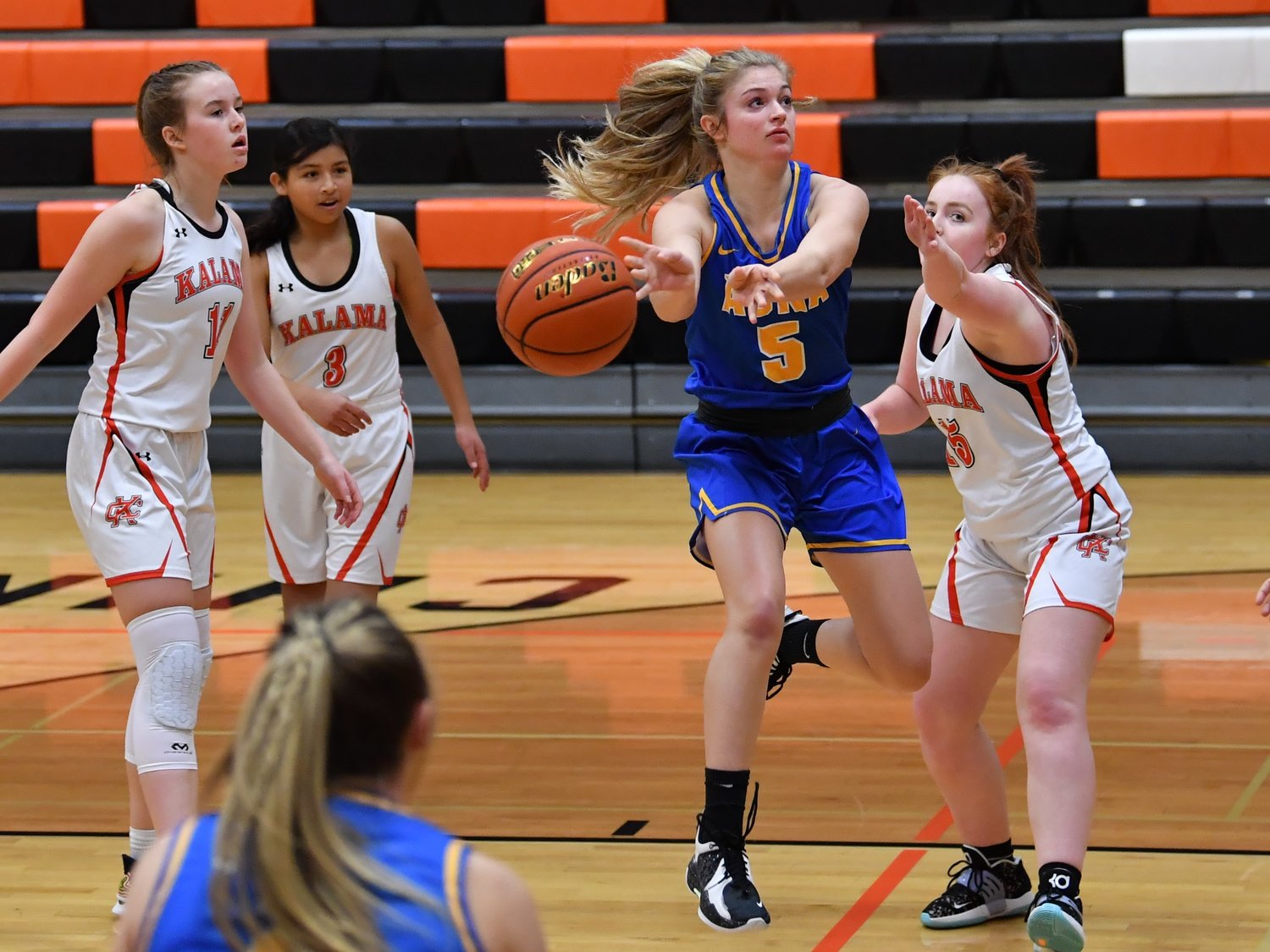 Adna guard Kaylin Todd throws a no-look pass to a teammate in the corner against Kalama Jan. 8.
