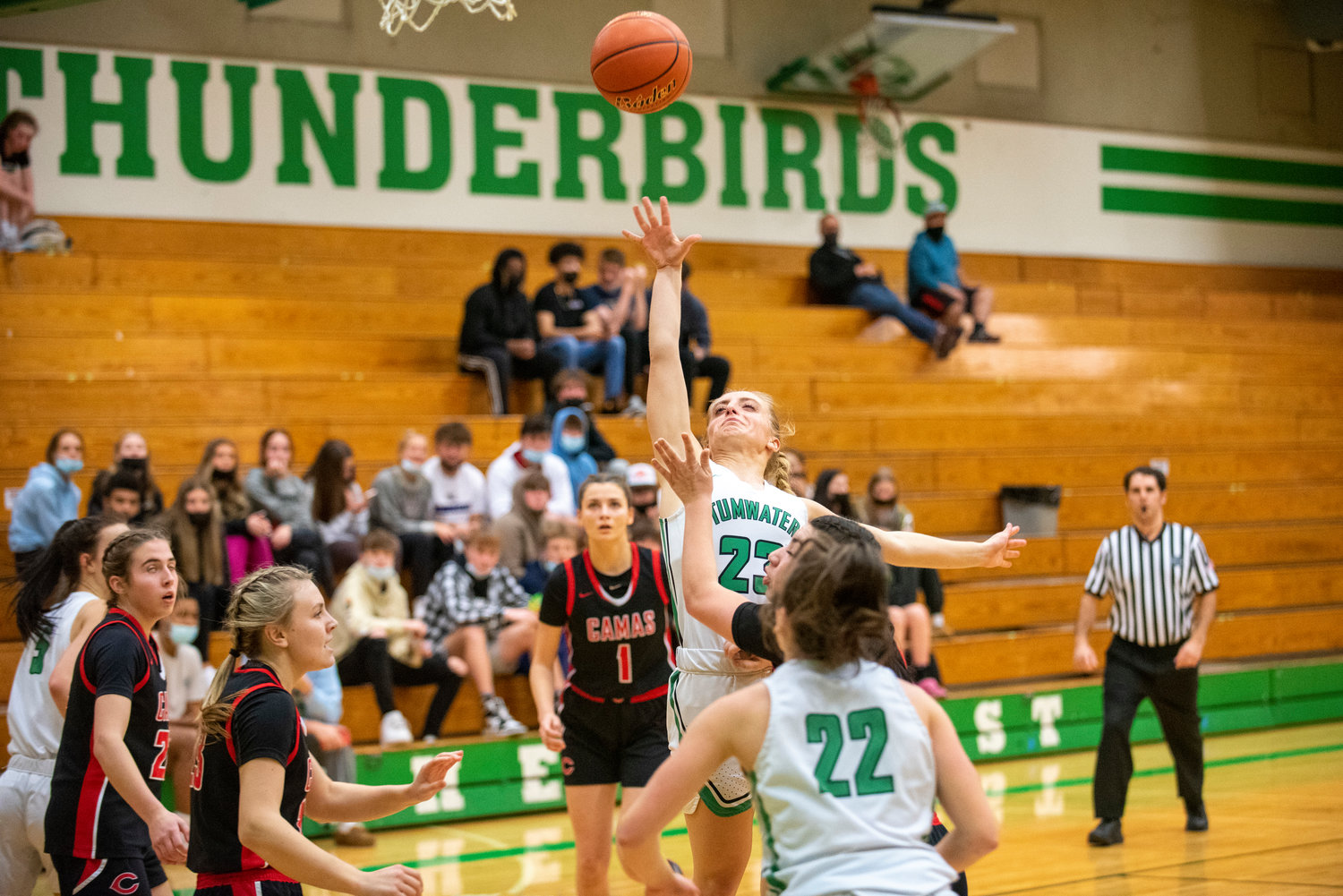 Tumwater's Isabella Lund (23) tosses up a floater against Camas at home on Jan. 10.