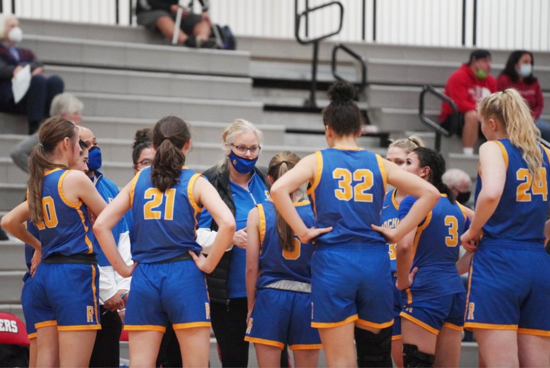Rochester coach Davina Serdahl talks with her team during a timeout in a road game against Shelton on Jan. 10.