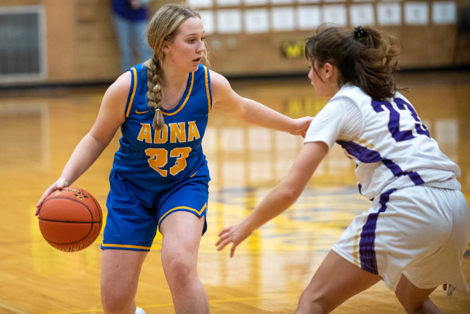 Adna's Kendall Humphrey (23) looks for space to operate against Onalaska on Jan. 11.