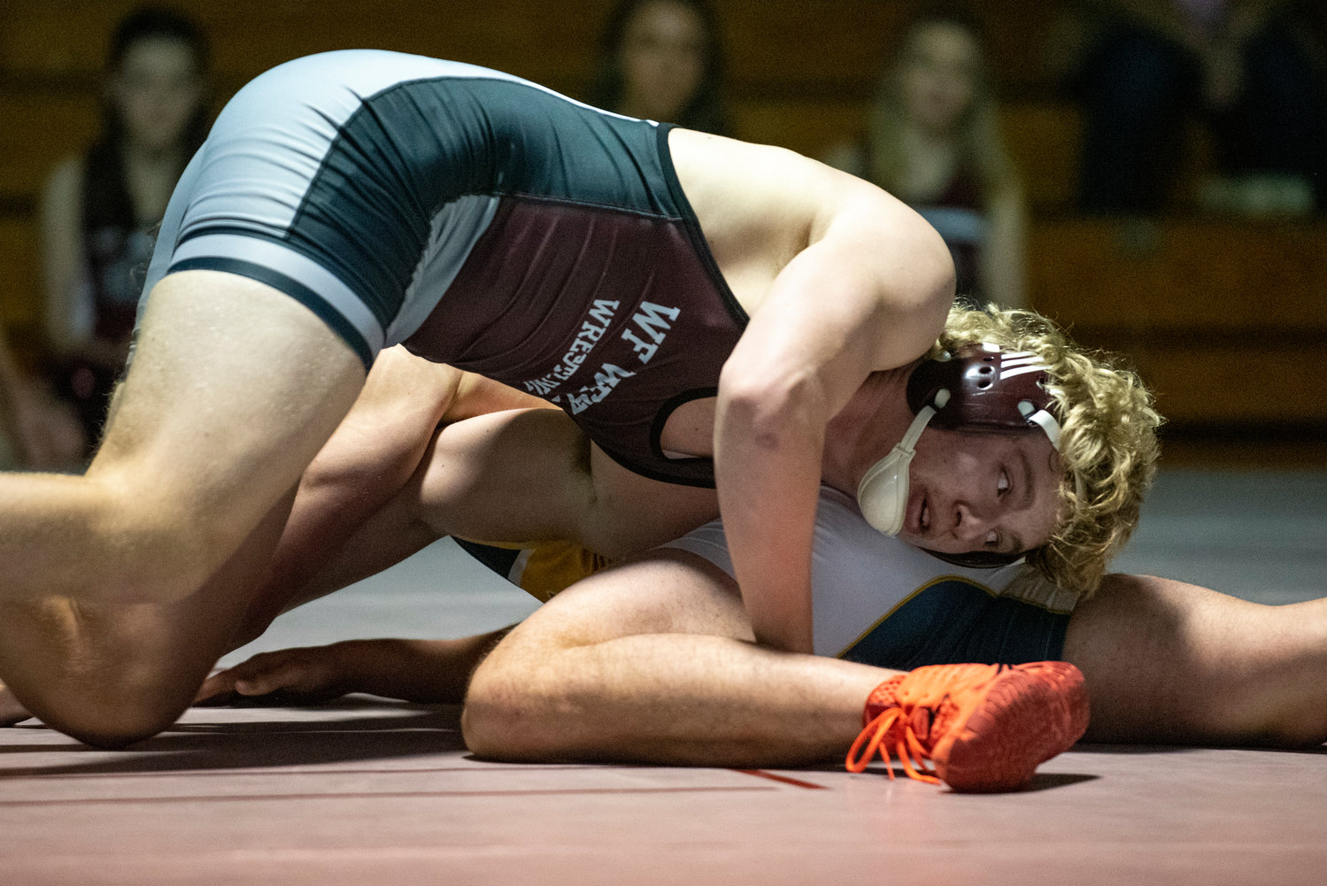 W.F. West's Brock Guyette grapples with Aberdeen's Liam Heikkila during a home dual match on Jan. 12.